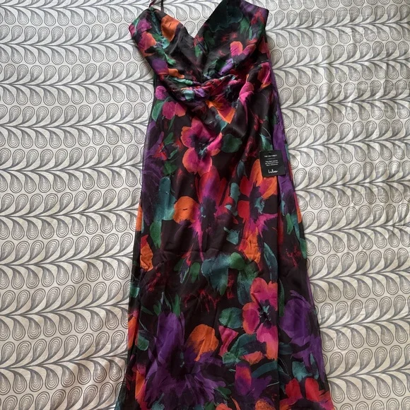 Lulus Beautiful Entrance Multi Floral Print Twist Front Midi Dress Black - Picture 2 of 4